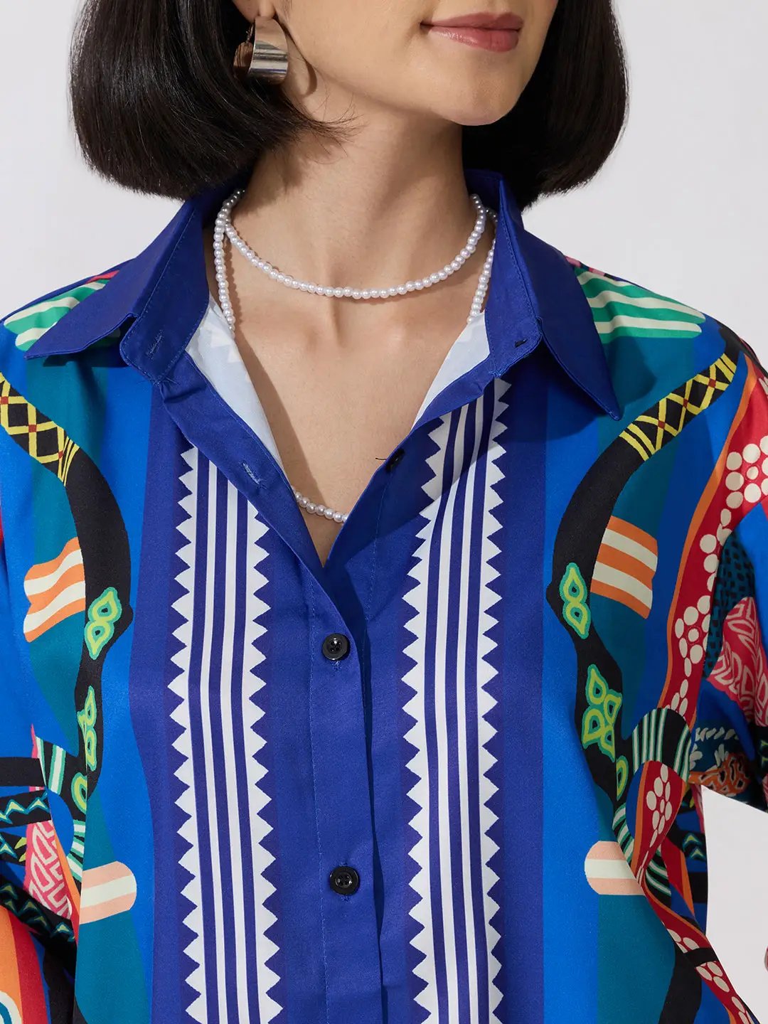 Women's Printed Blue Relaxed Fit Long Sleeve Shirt