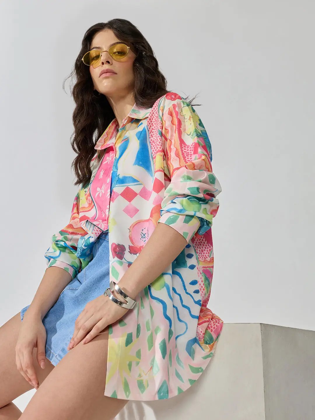 Women's Abstract Print Pink Long Sleeve Shirt