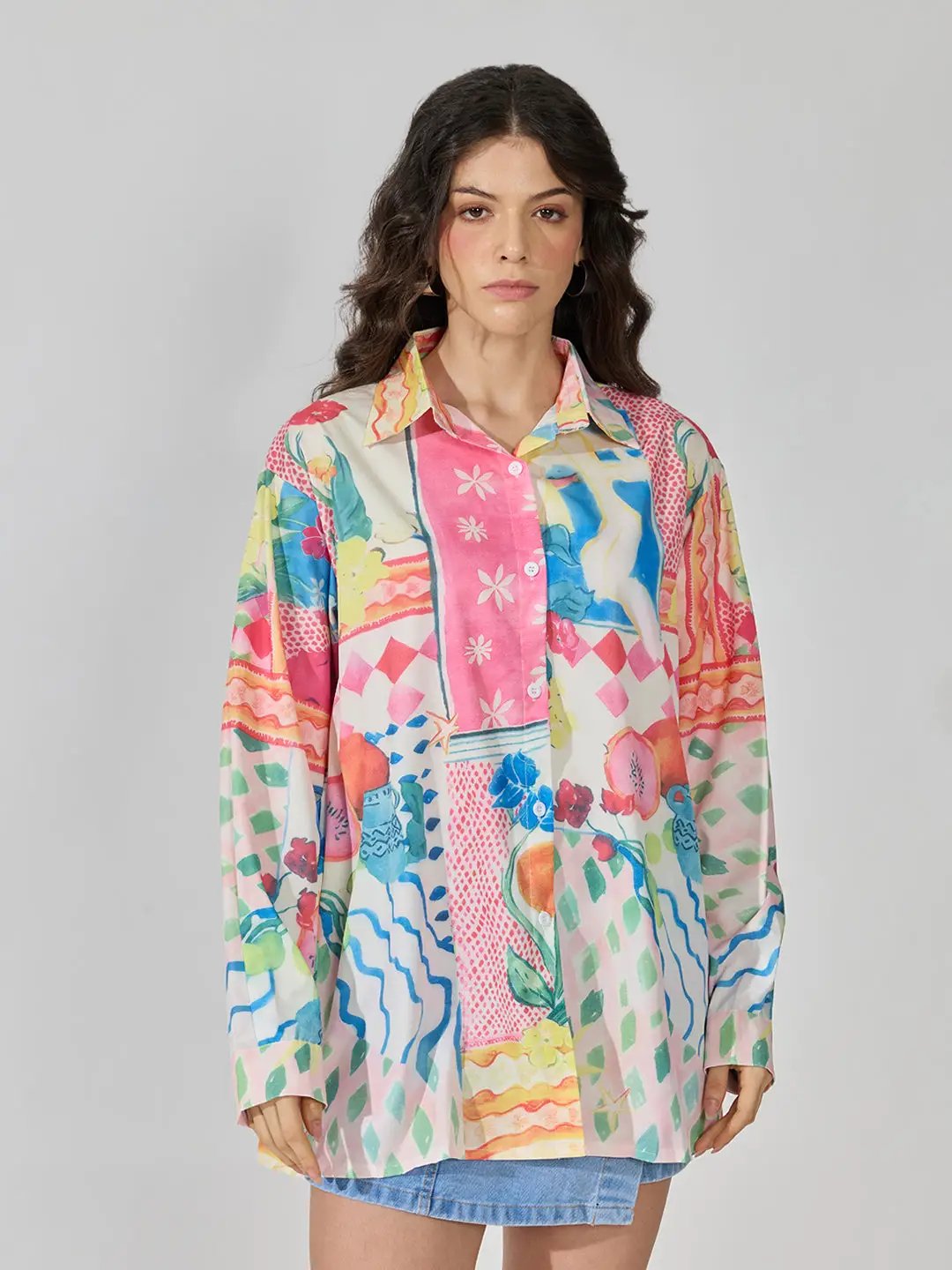 Women's Abstract Print Pink Long Sleeve Shirt