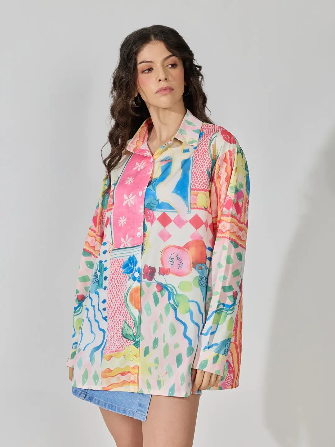 Women's Abstract Print Pink Long Sleeve Shirt