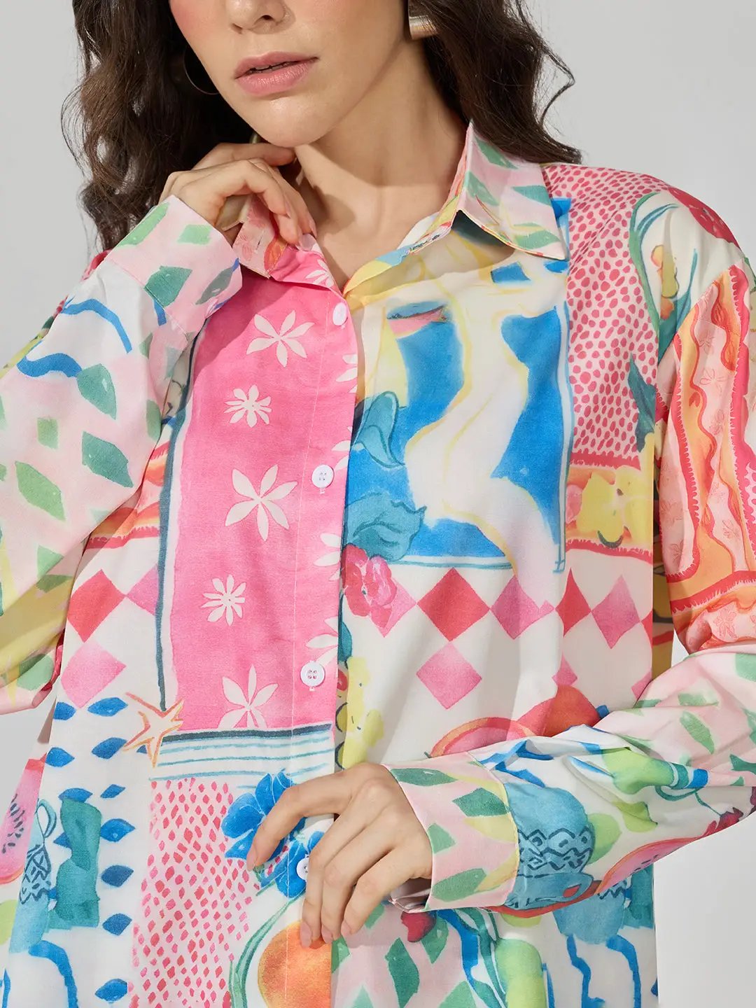 Women's Abstract Print Pink Long Sleeve Shirt