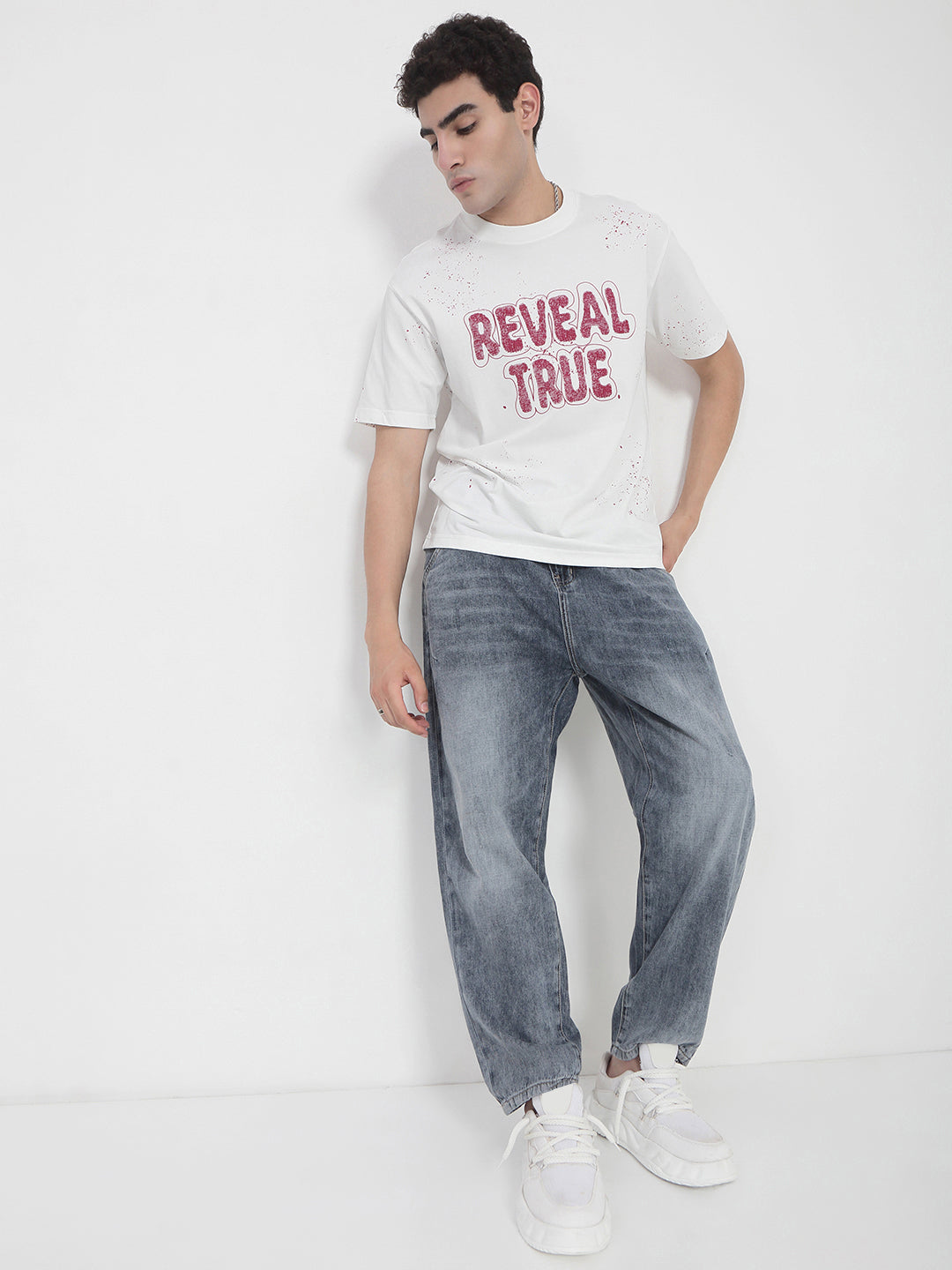 Men's White Typography Printed Relaxed Fit T-Shirt