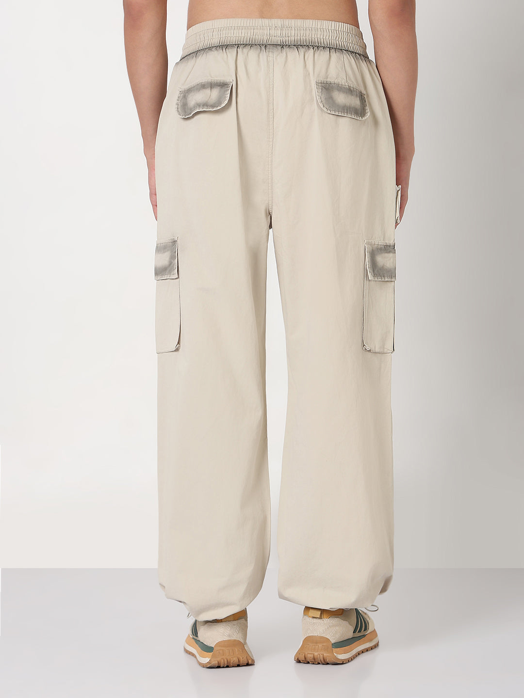 Men's Cream Solid Straight Fit Parachute Cargo Trousers