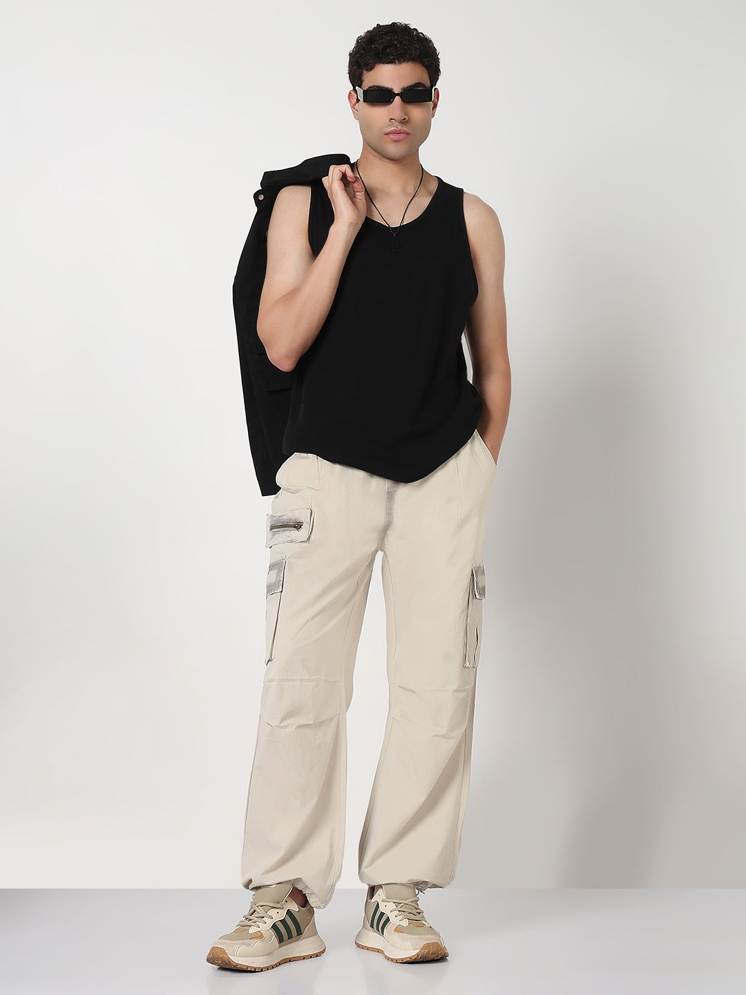 Men's Cream Solid Straight Fit Parachute Cargo Trousers