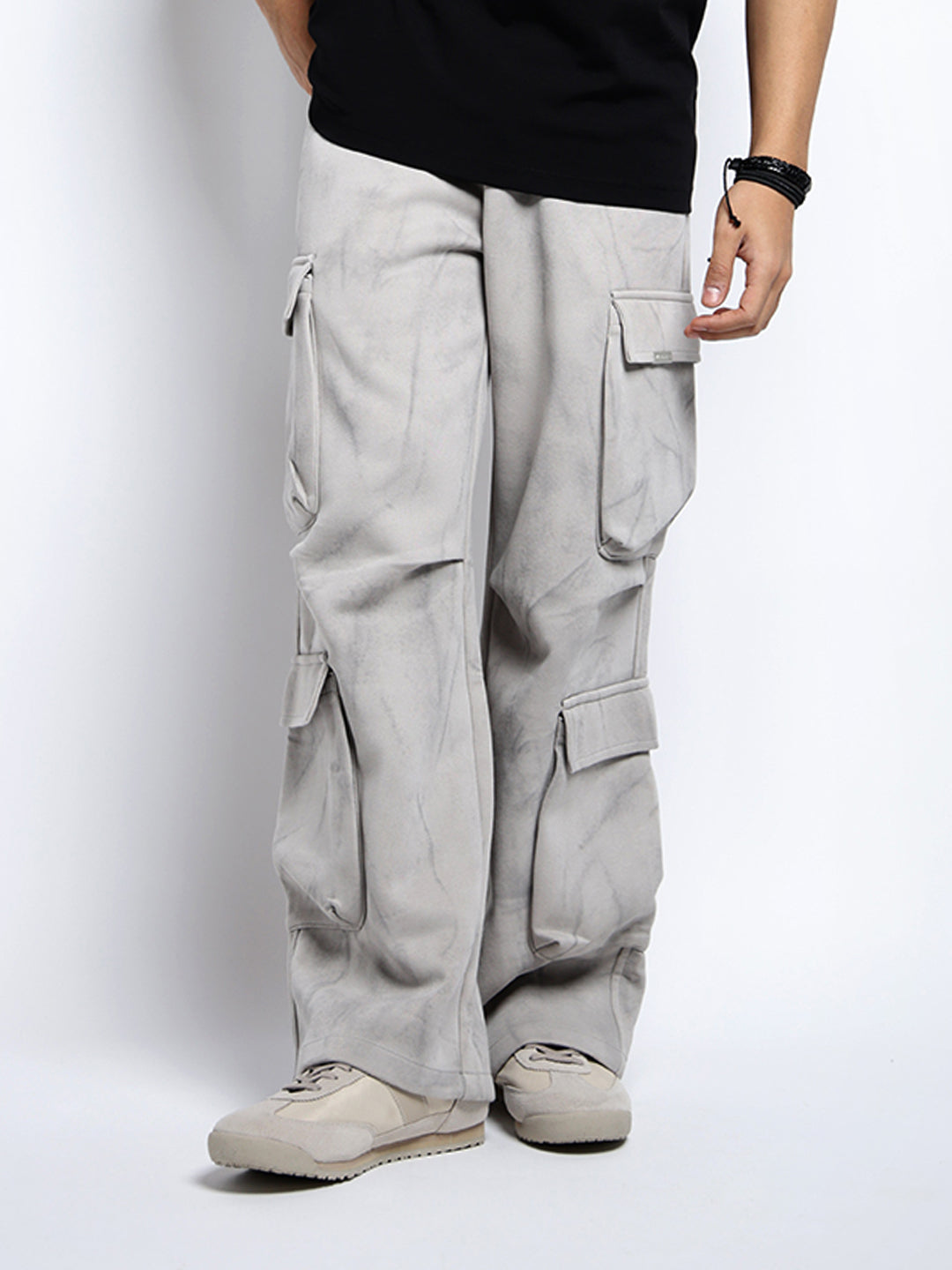Men's Grey Relaxed Fit Trousers with Stylized Cargo Pockets
