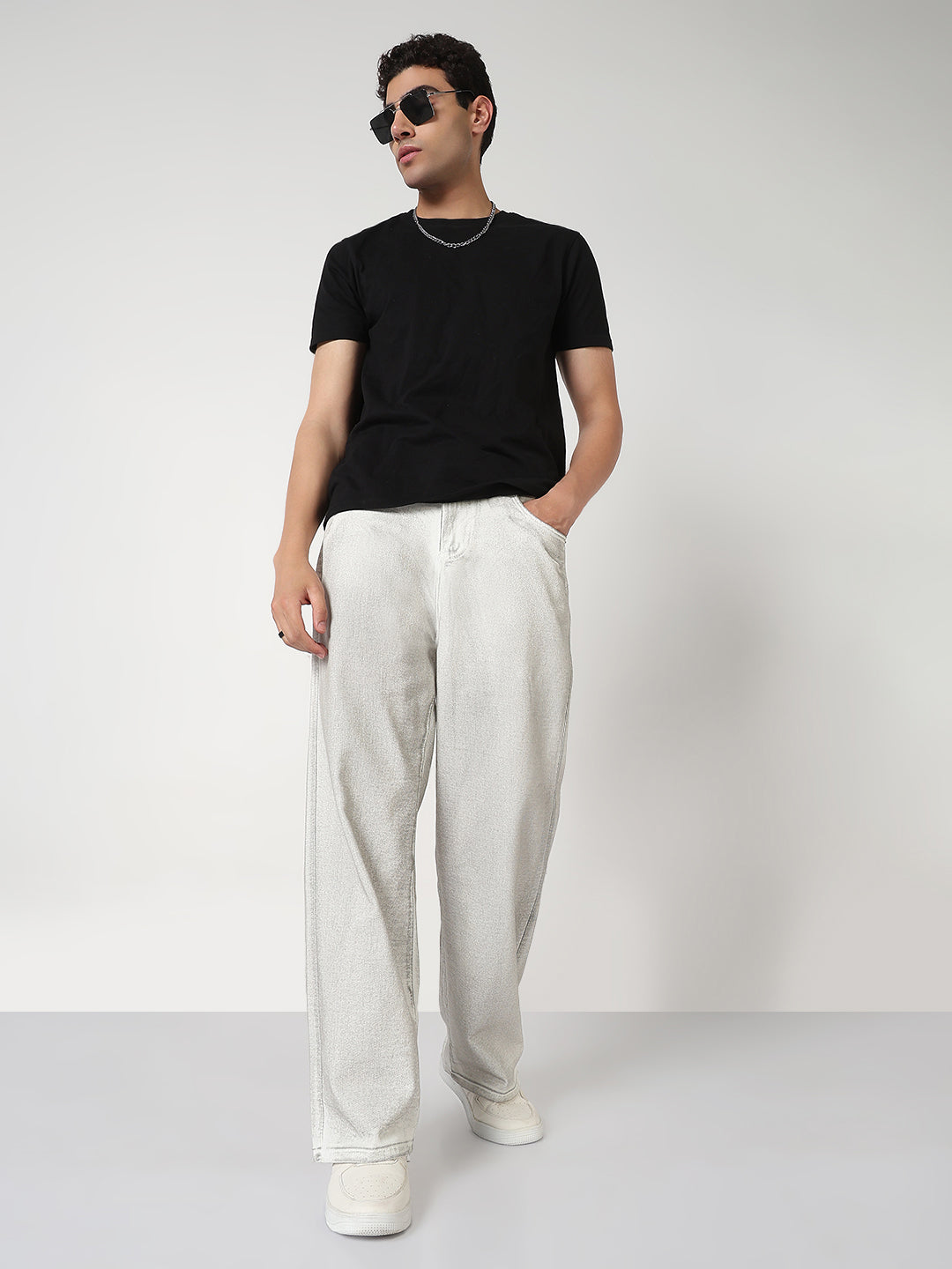 Men's White Shaded Wide Leg Jeans