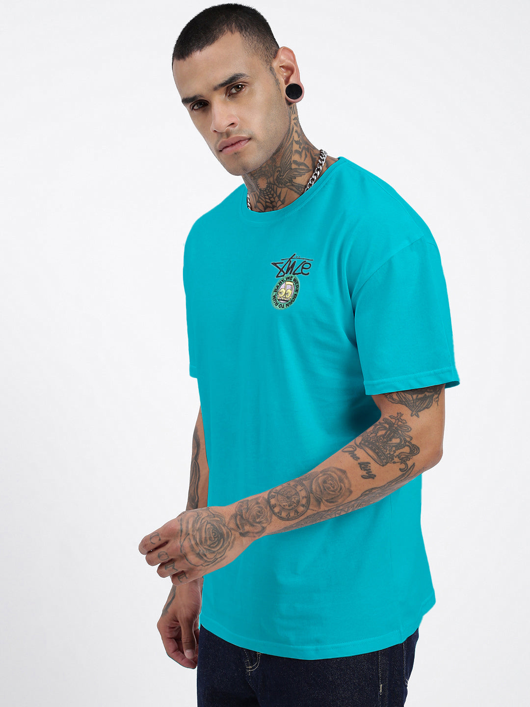 Men's Printed Blue Regular Fit T-Shirt