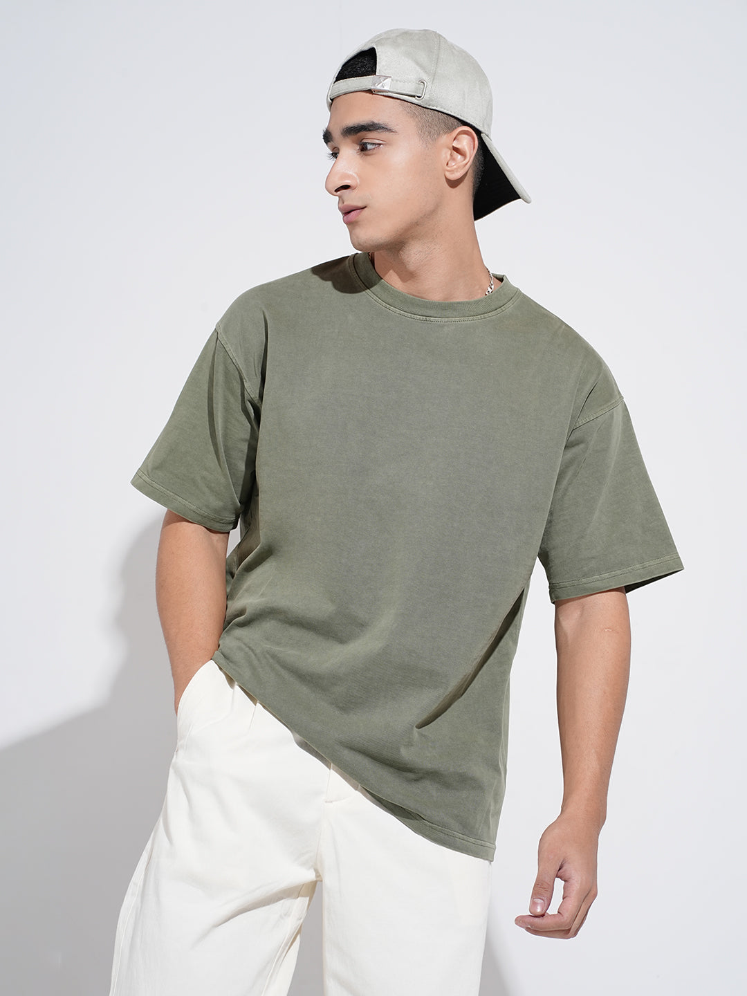 Men's Olive Short Sleeves Crew Neck Oversized T-Shirt