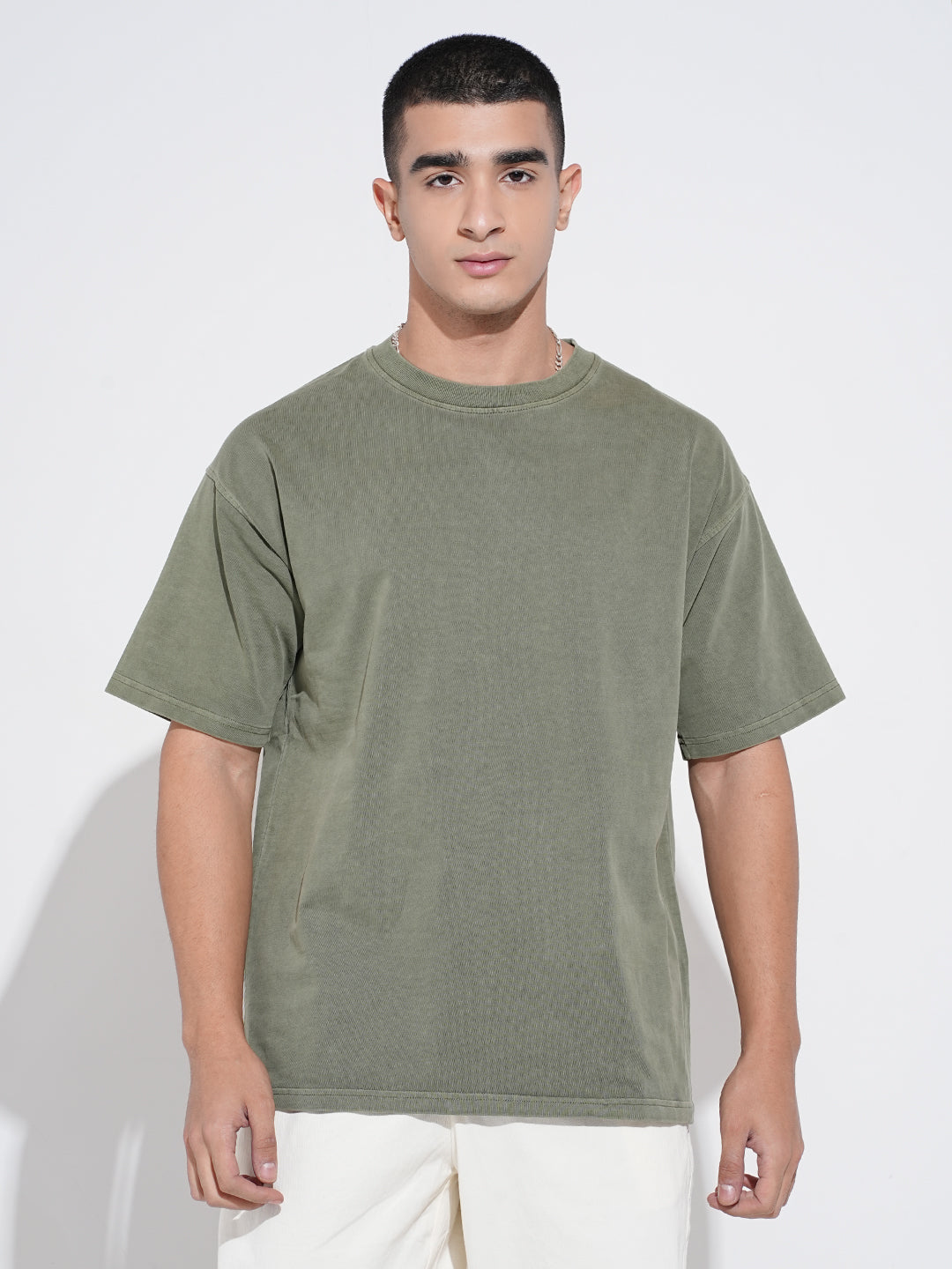 Men's Olive Short Sleeves Crew Neck Oversized T-Shirt
