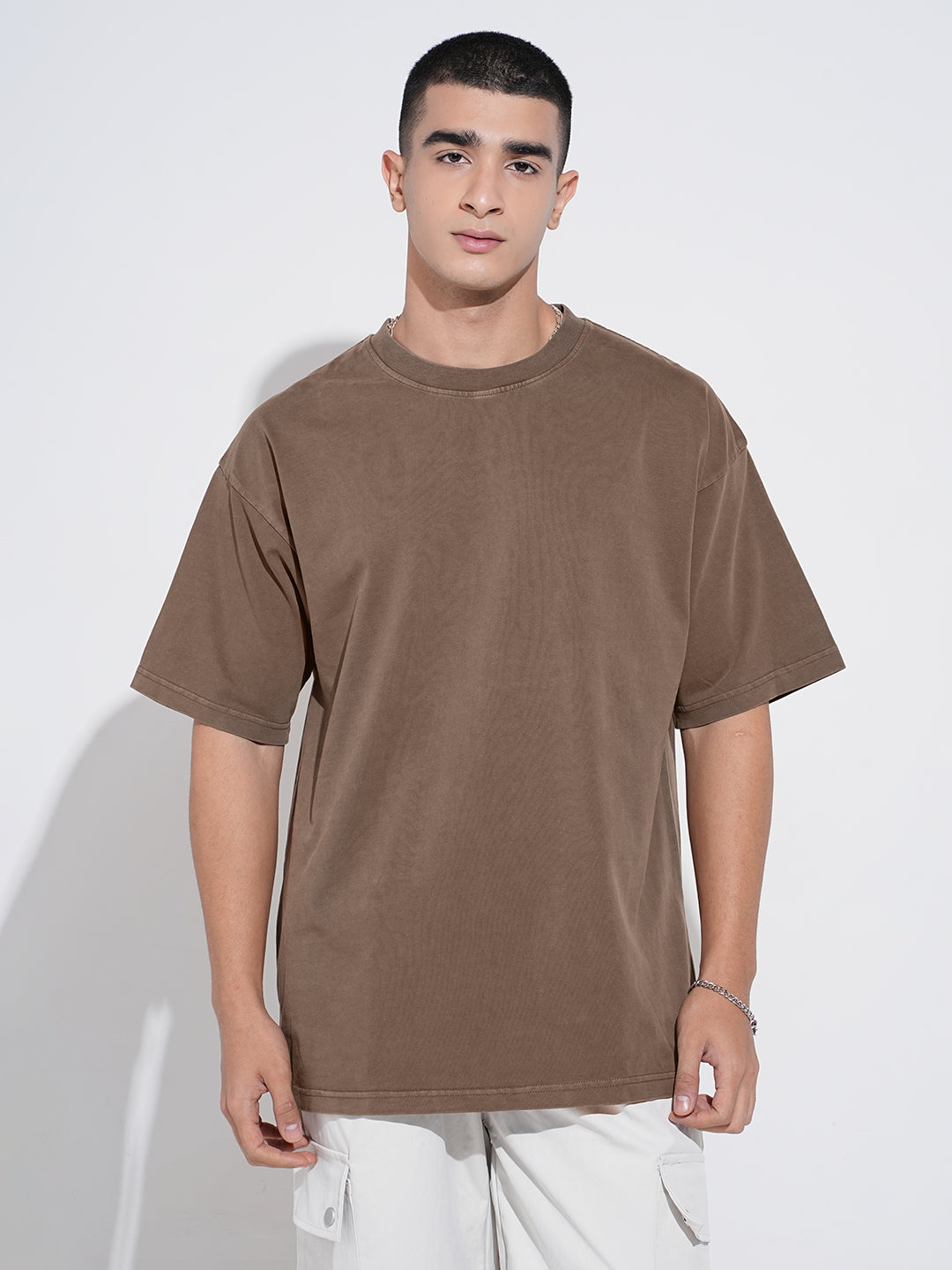 Men's Brown Short Sleeves Crew Neck Oversized T-Shirt