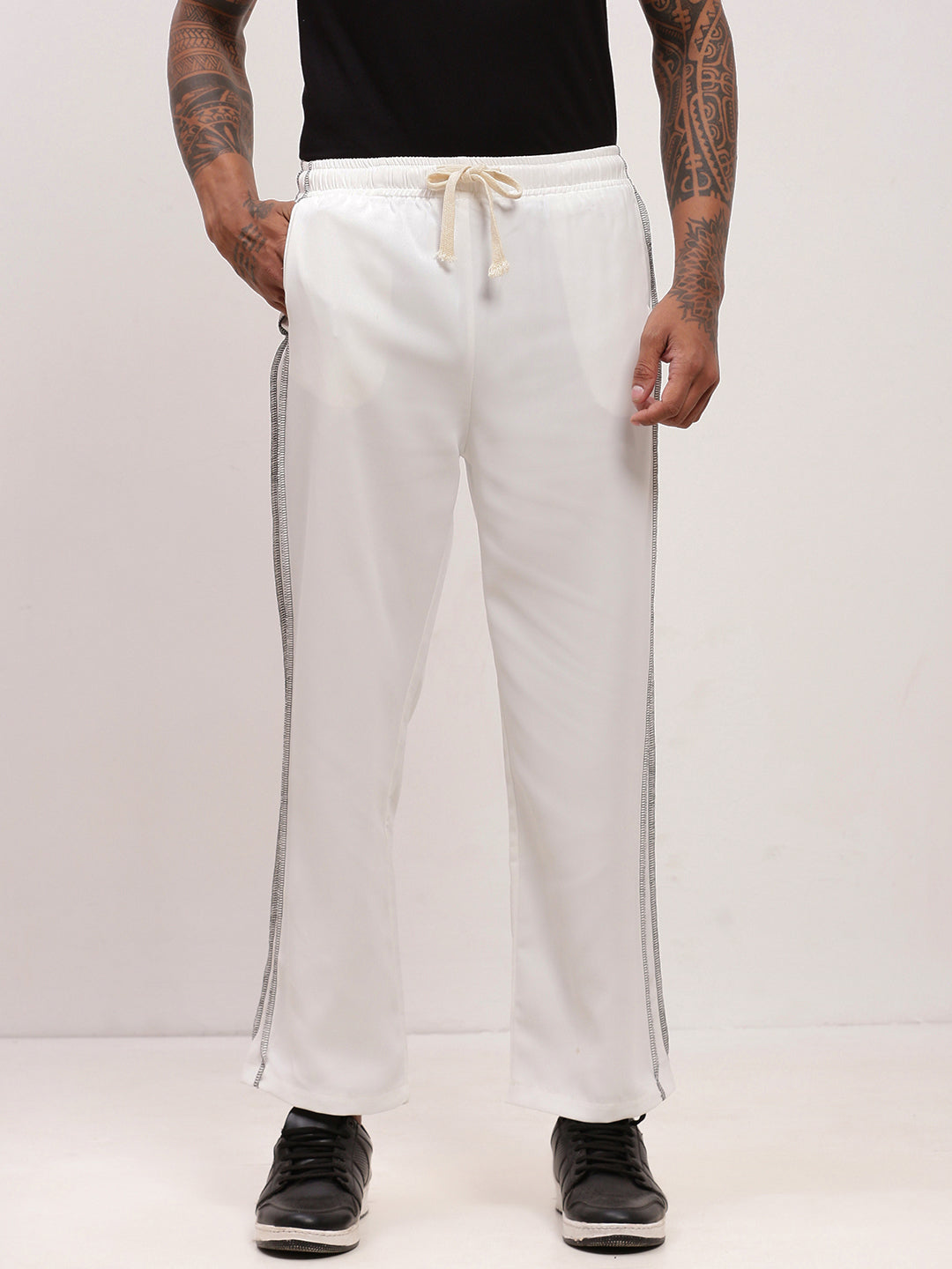 Men White Solid Straight Fit Trousers