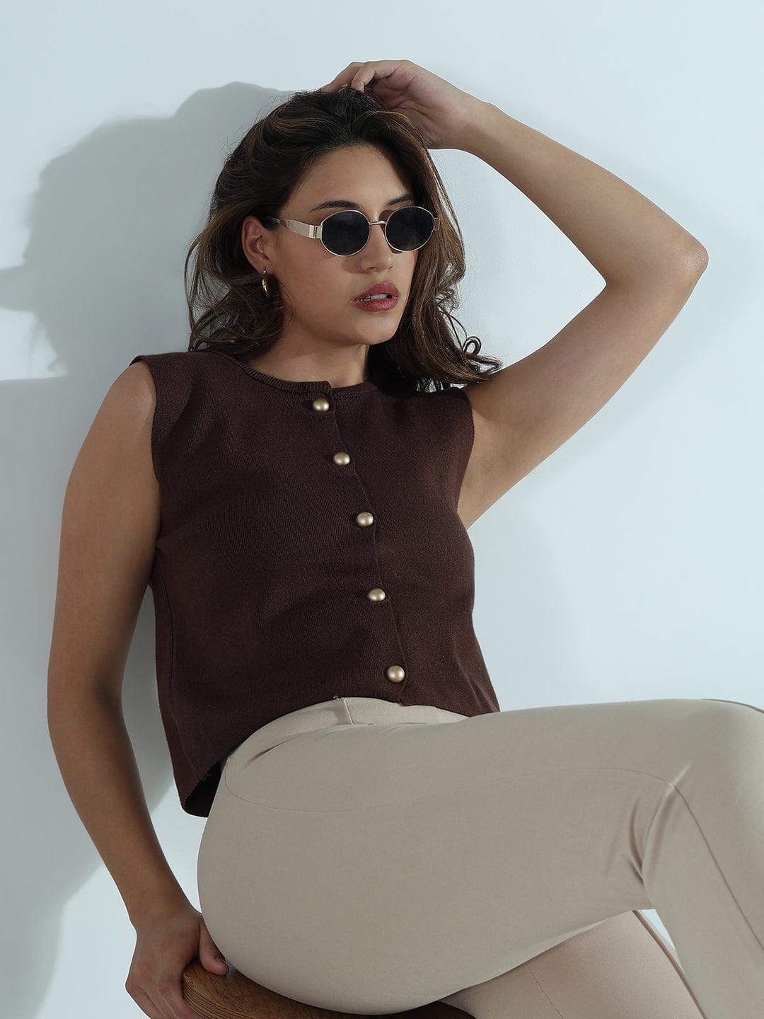 Women's Ribbed Brown Round Neck Vest Top with Gold Buttons