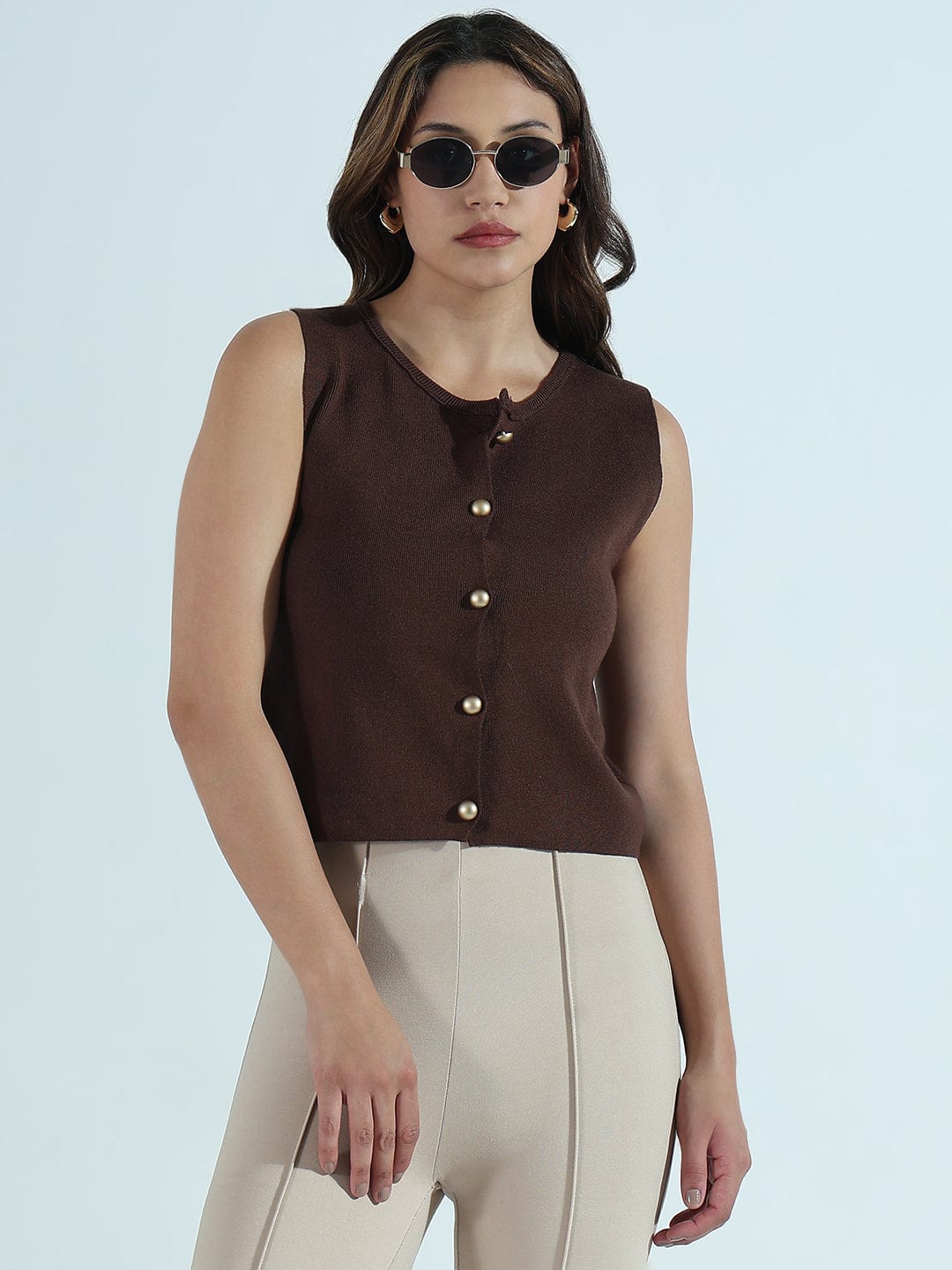 Women's Ribbed Brown Round Neck Vest Top with Gold Buttons