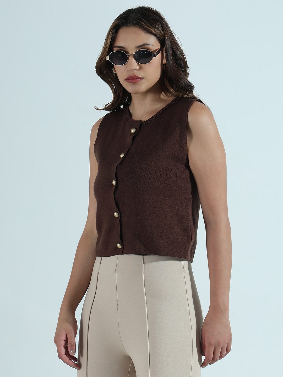 Women's Ribbed Brown Round Neck Vest Top with Gold Buttons