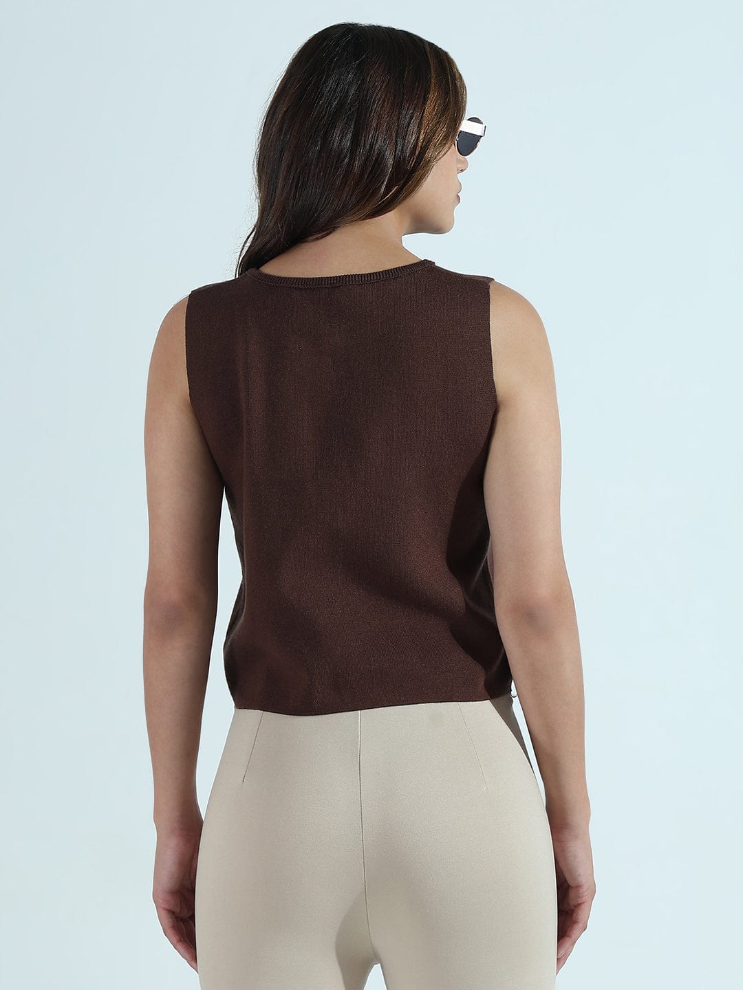 Women's Ribbed Brown Round Neck Vest Top with Gold Buttons