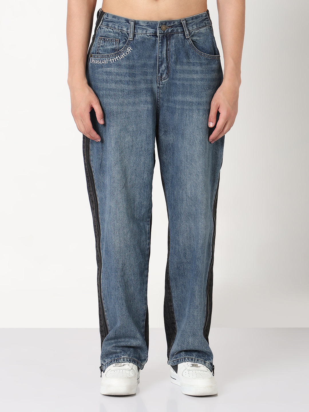 Men's Blue and Black Relaxed Fit Jeans with Side Zip