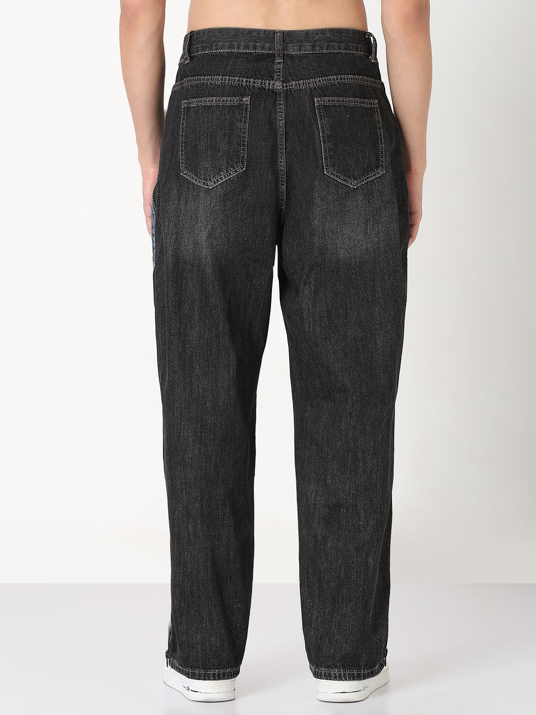 Men's Blue and Black Relaxed Fit Jeans with Side Zip