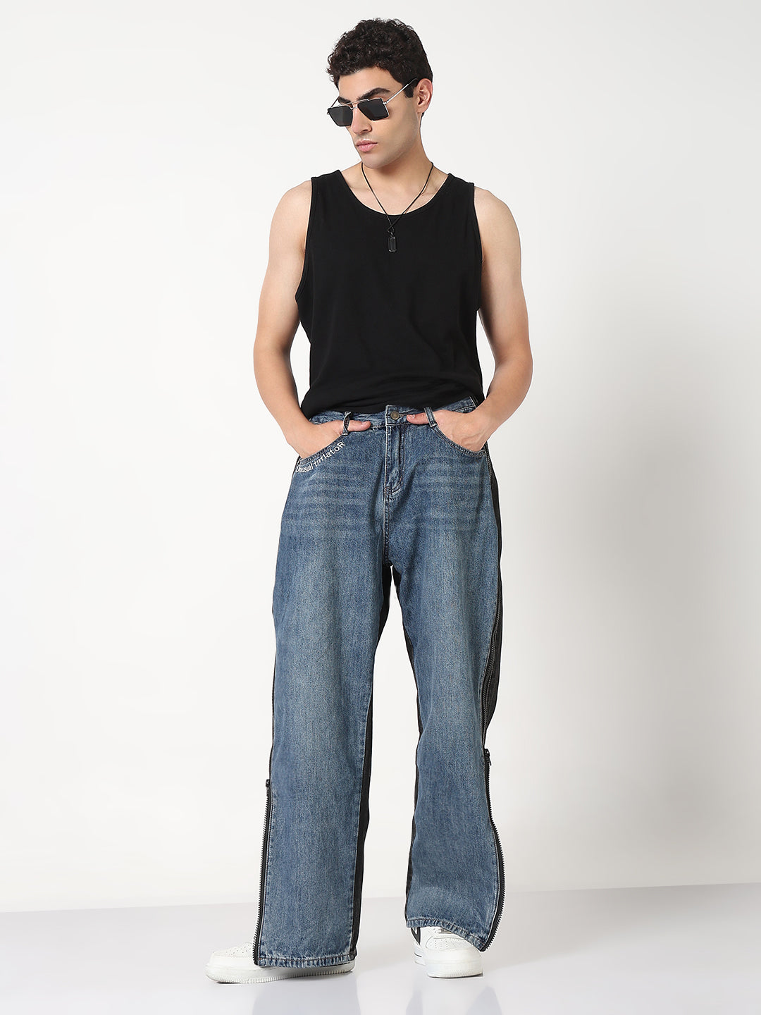 Men's Blue and Black Relaxed Fit Jeans with Side Zip
