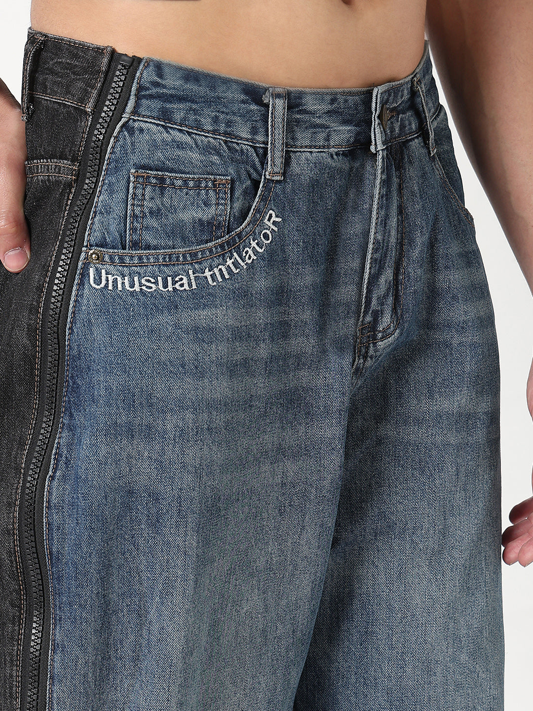 Men's Blue and Black Relaxed Fit Jeans with Side Zip