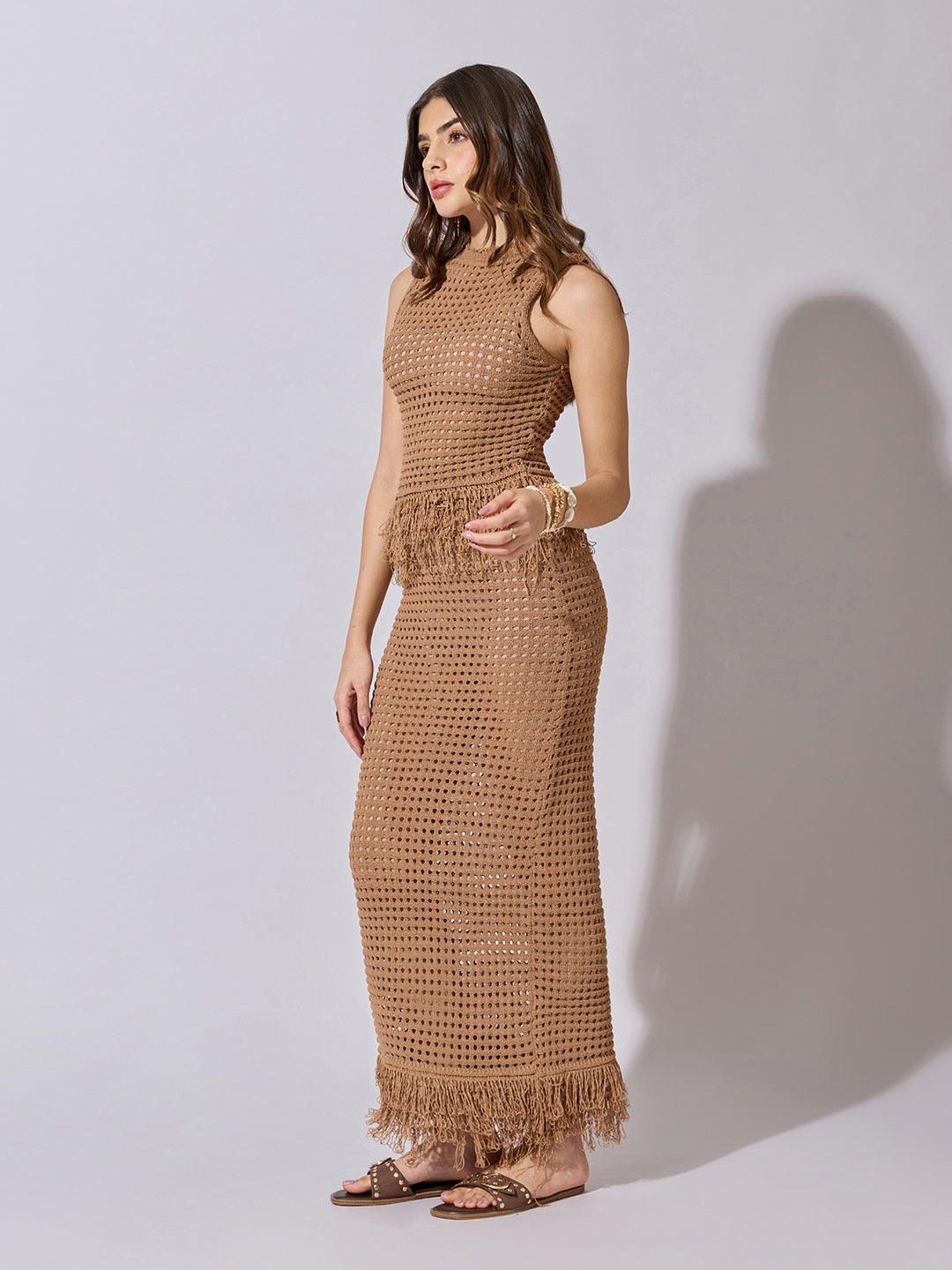 Women's Crochet Brown Fringe Hem Top & Maxi Skirt Co-Ord Set