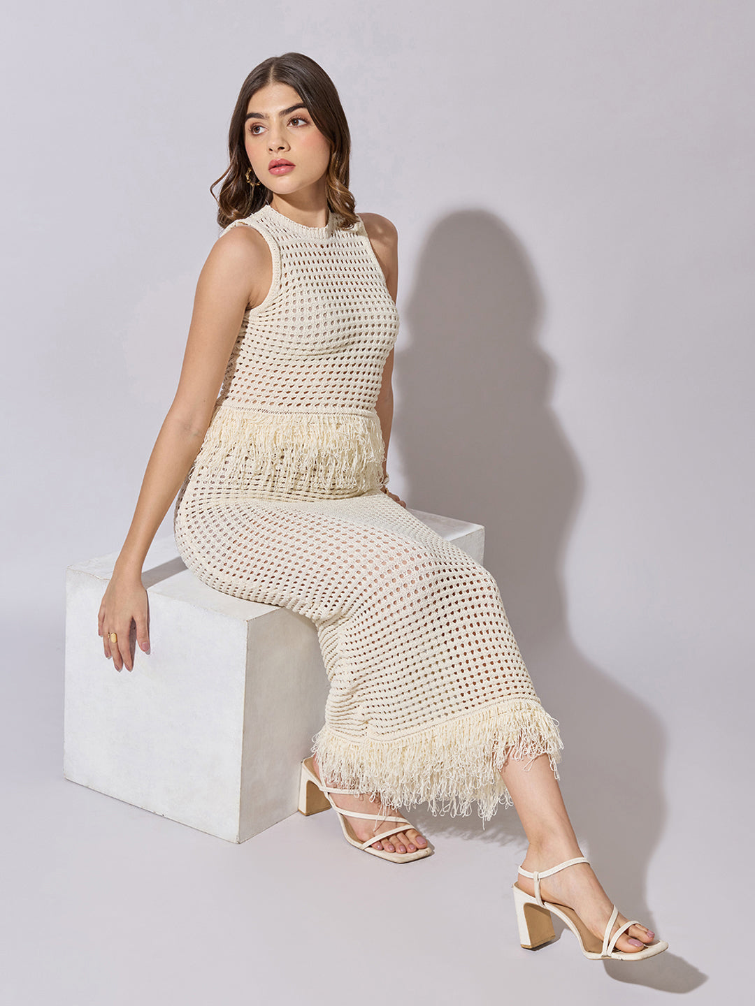 Women's Crochet Cream Fringe Hem Top & Maxi Skirt Co-Ord Set