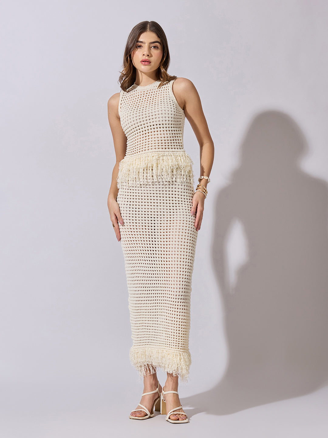 Women's Crochet Cream Fringe Hem Top & Maxi Skirt Co-Ord Set