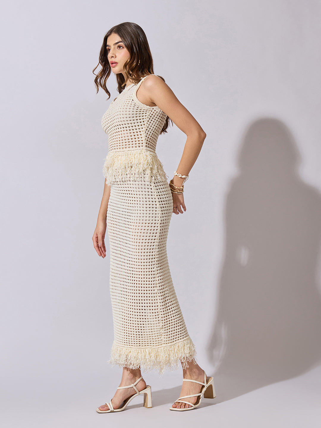 Women's Crochet Cream Fringe Hem Top & Maxi Skirt Co-Ord Set