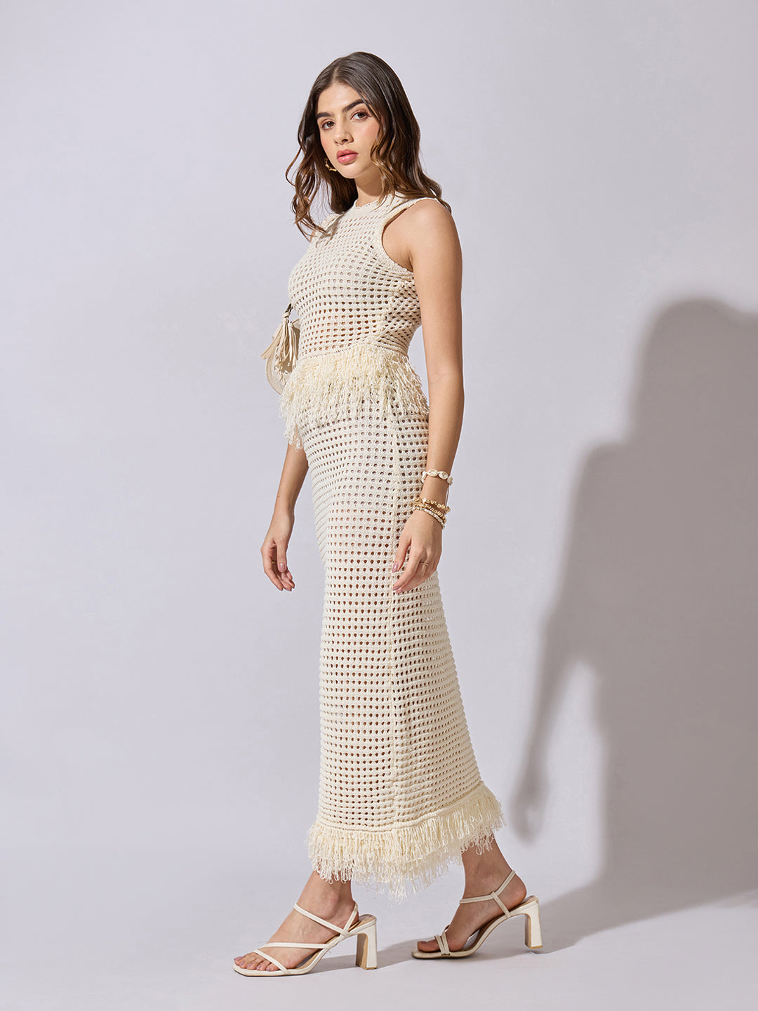Women's Crochet Cream Fringe Hem Top & Maxi Skirt Co-Ord Set