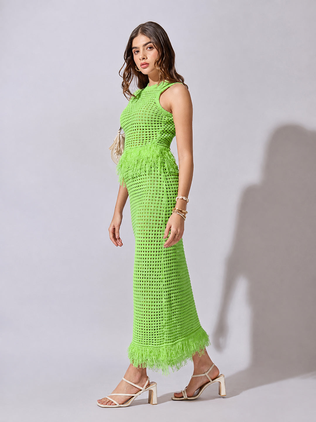 Women's Crochet Green Fringe Hem Top and Maxi Skirt Co-Ord Set