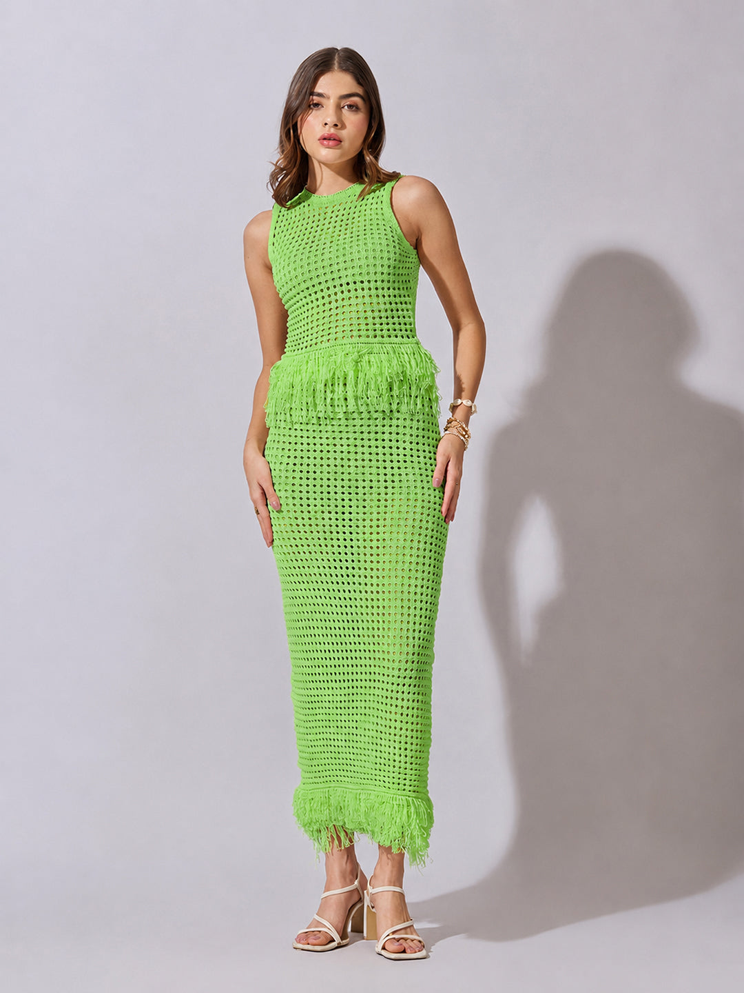 Women's Crochet Green Fringe Hem Top and Maxi Skirt Co-Ord Set