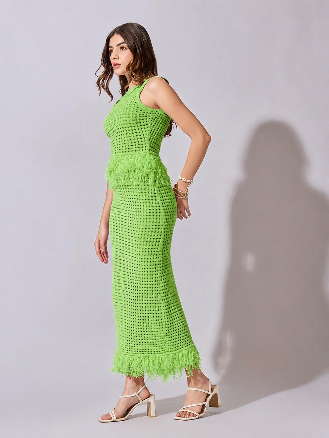Women's Crochet Green Fringe Hem Top and Maxi Skirt Co-Ord Set