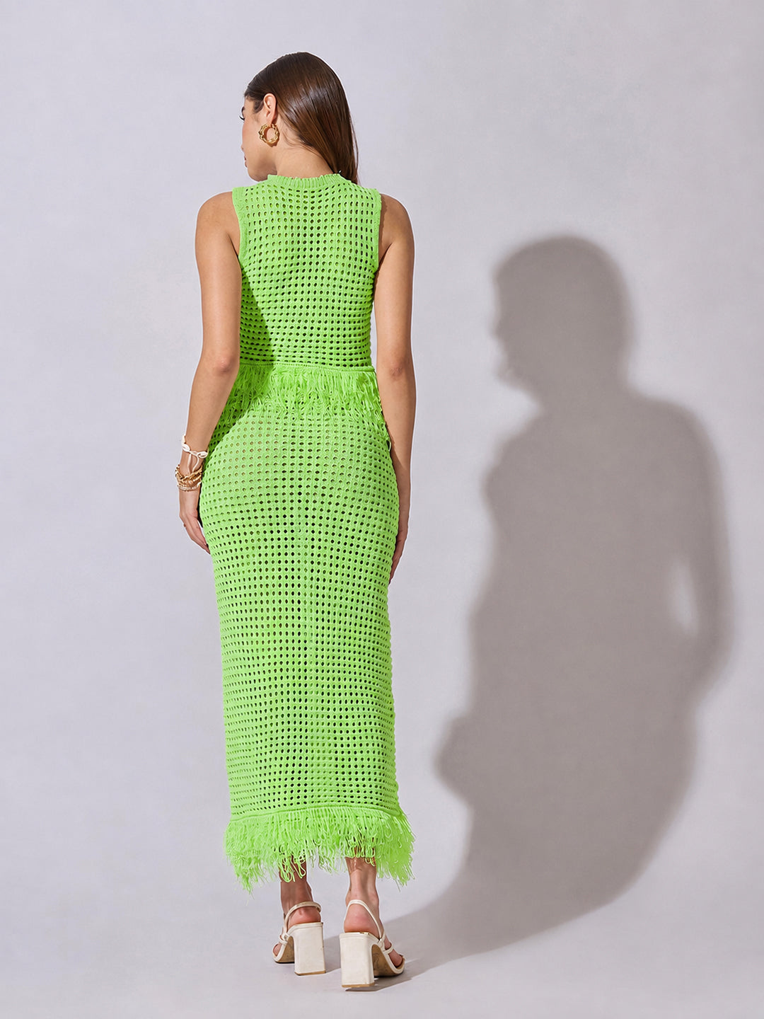 Women's Crochet Green Fringe Hem Top and Maxi Skirt Co-Ord Set