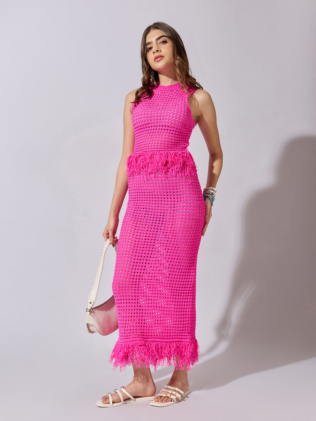 Women's Crochet Pink Fringe Hem Top & Maxi Skirt Co-Ord Set
