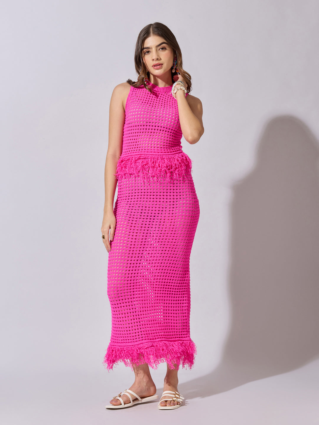 Women's Crochet Pink Fringe Hem Top & Maxi Skirt Co-Ord Set