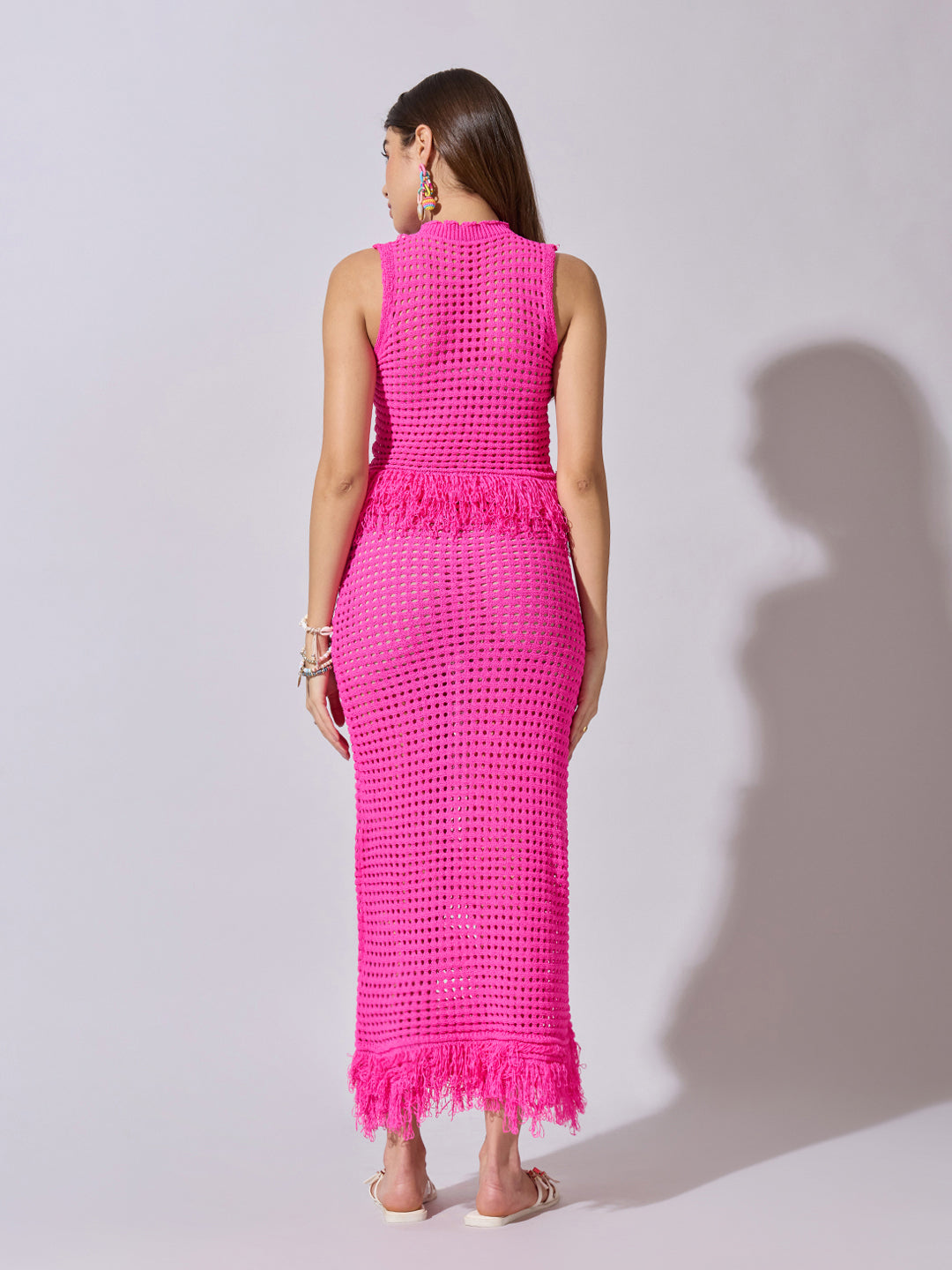 Women's Crochet Pink Fringe Hem Top & Maxi Skirt Co-Ord Set