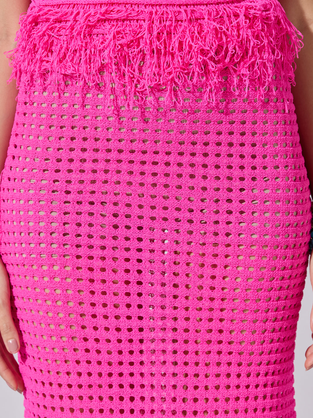 Women's Crochet Pink Fringe Hem Top & Maxi Skirt Co-Ord Set