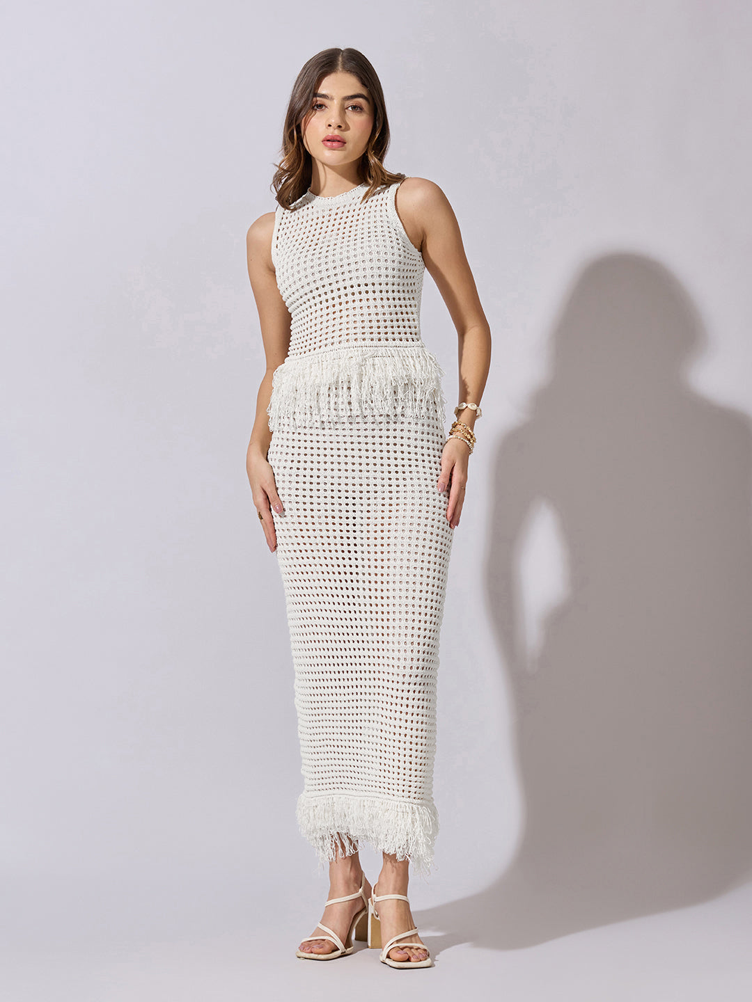Women's Crochet White Fringe Hem Top and Maxi Skirt Co-Ord Set