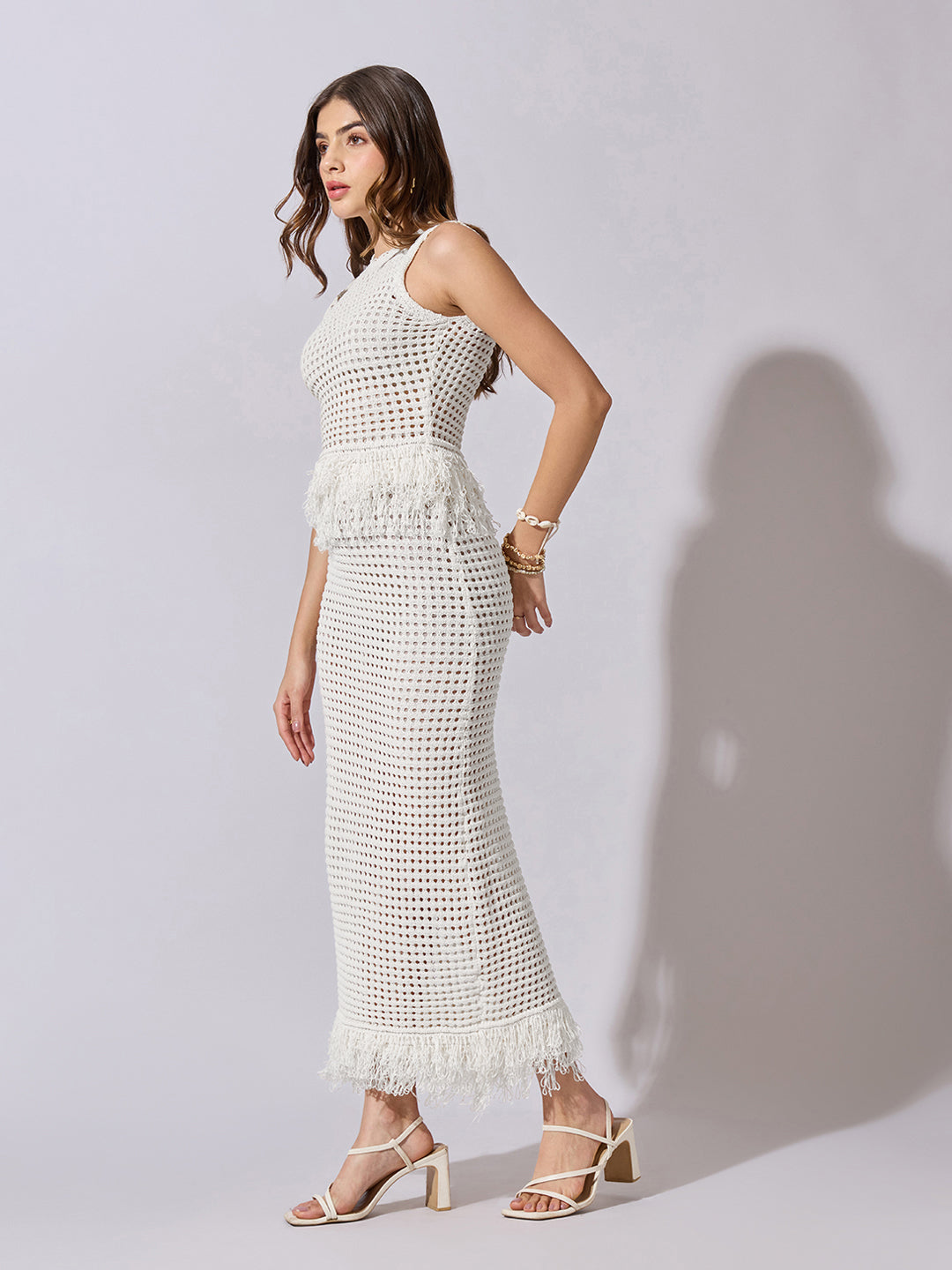 Women's Crochet White Fringe Hem Top and Maxi Skirt Co-Ord Set