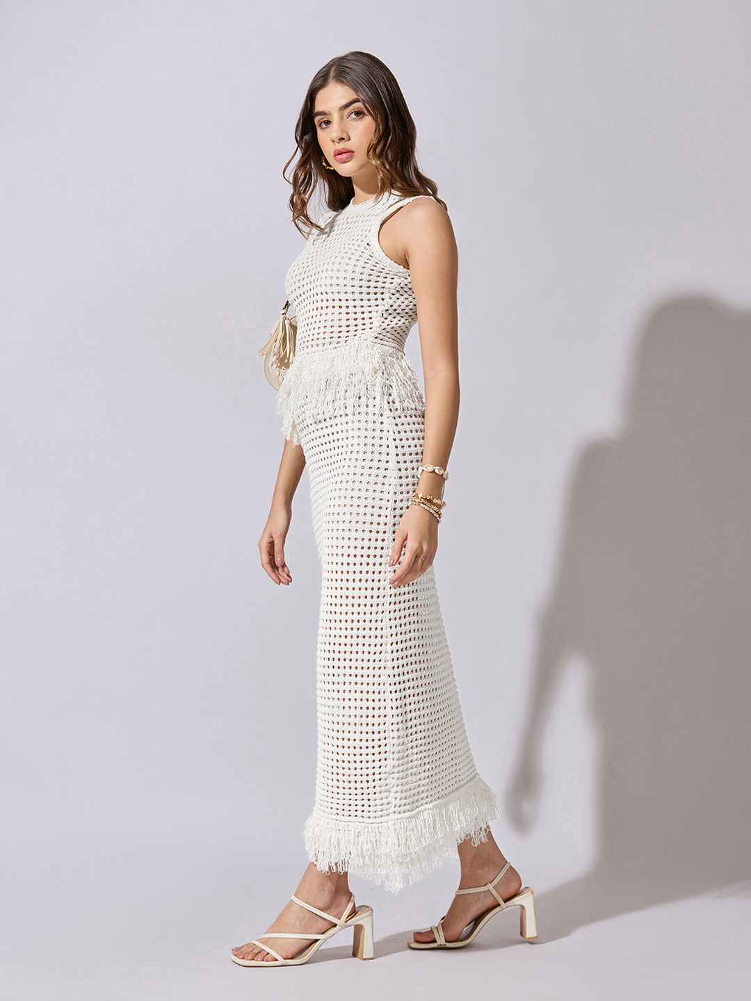 Women's Crochet White Fringe Hem Top and Maxi Skirt Co-Ord Set