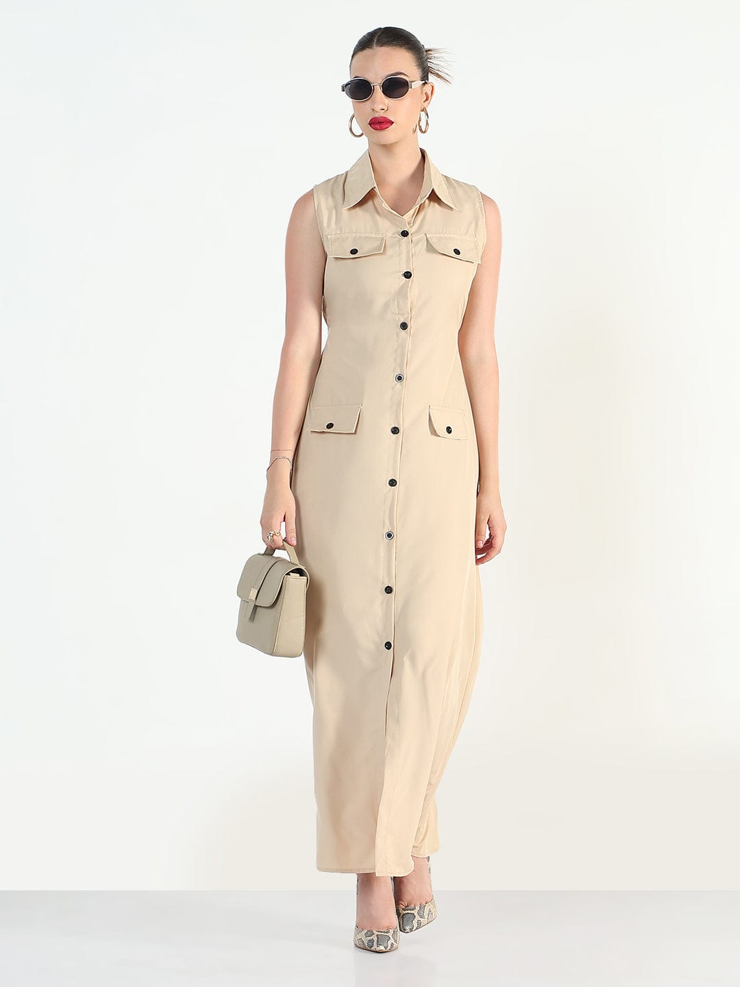 Women's Beige Sleeveless Shirt Style A-Line Dress