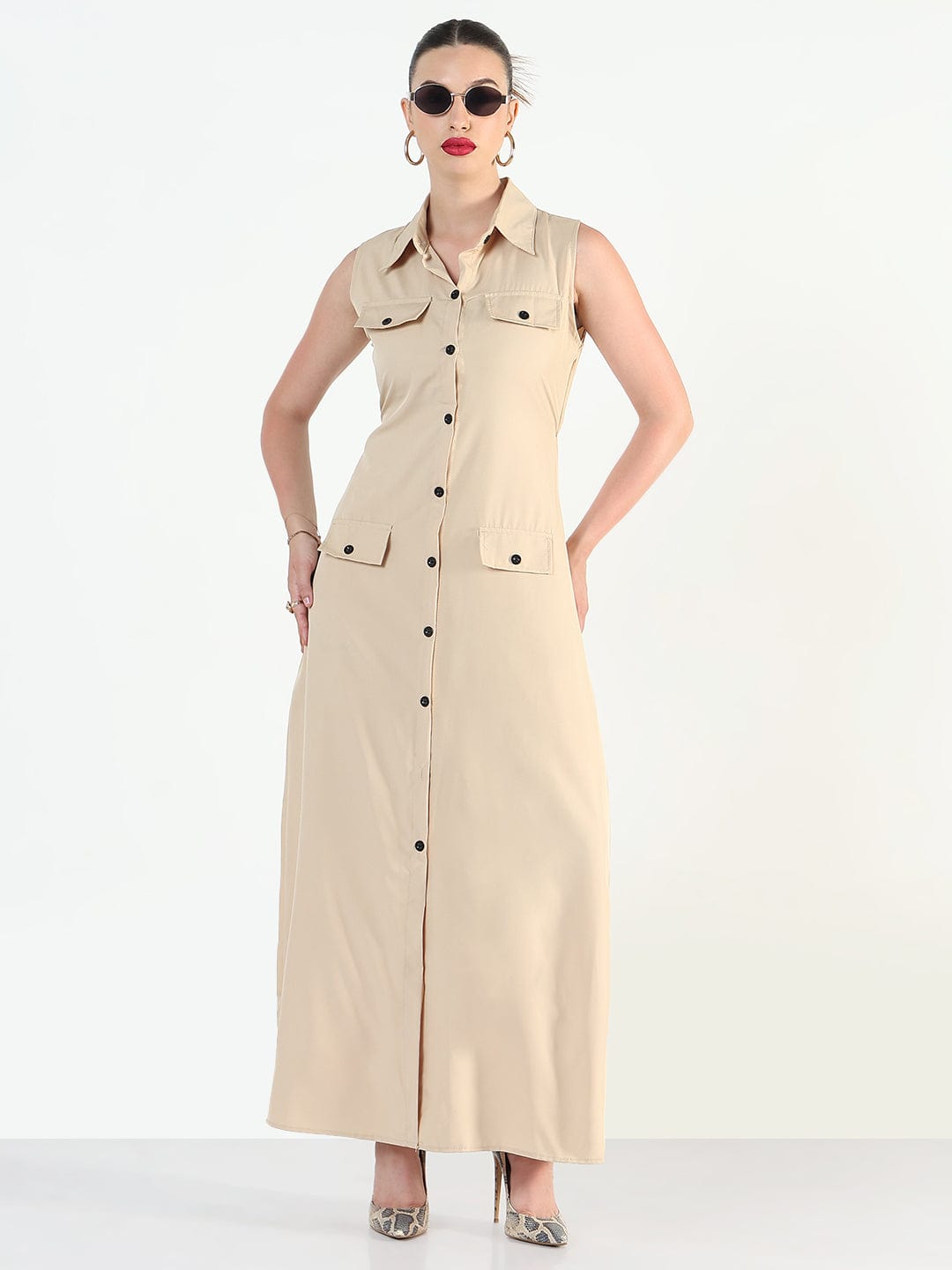 Women's Beige Sleeveless Shirt Style A-Line Dress