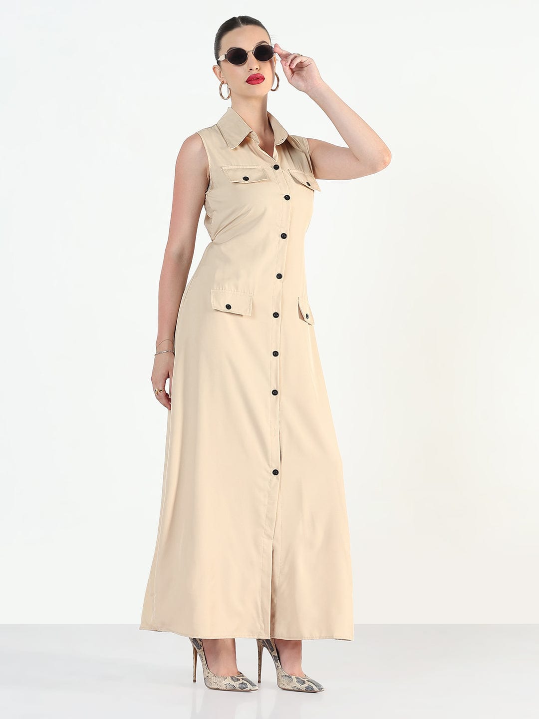 Women's Beige Sleeveless Shirt Style A-Line Dress