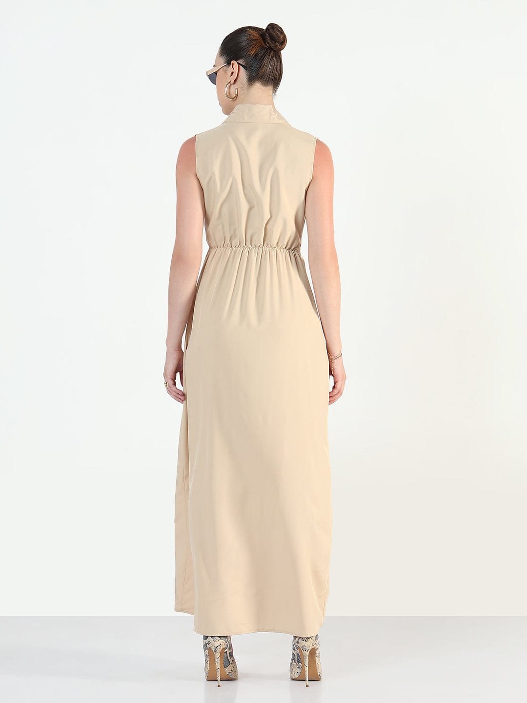 Women's Beige Sleeveless Shirt Style A-Line Dress