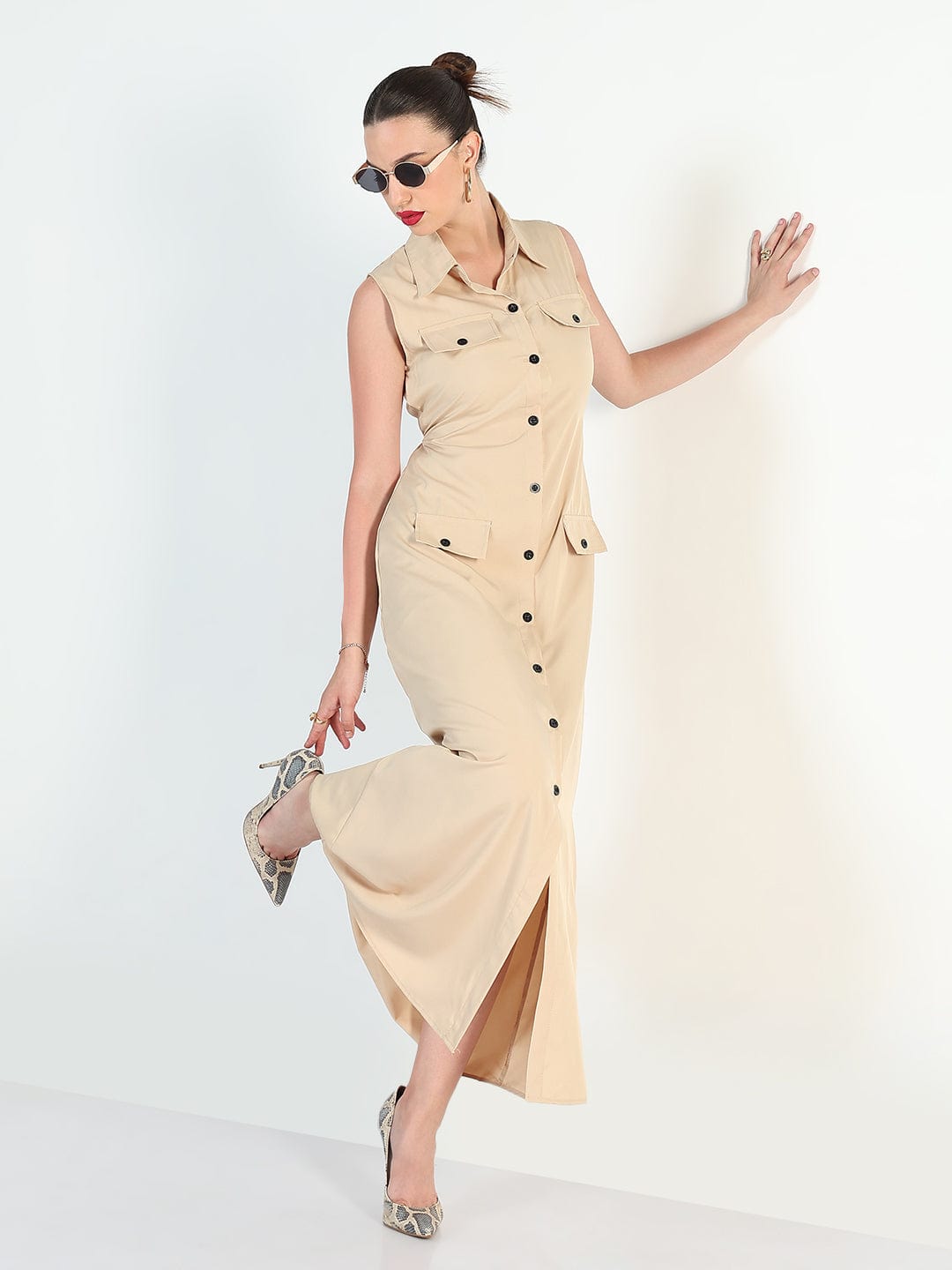 Women's Beige Sleeveless Shirt Style A-Line Dress