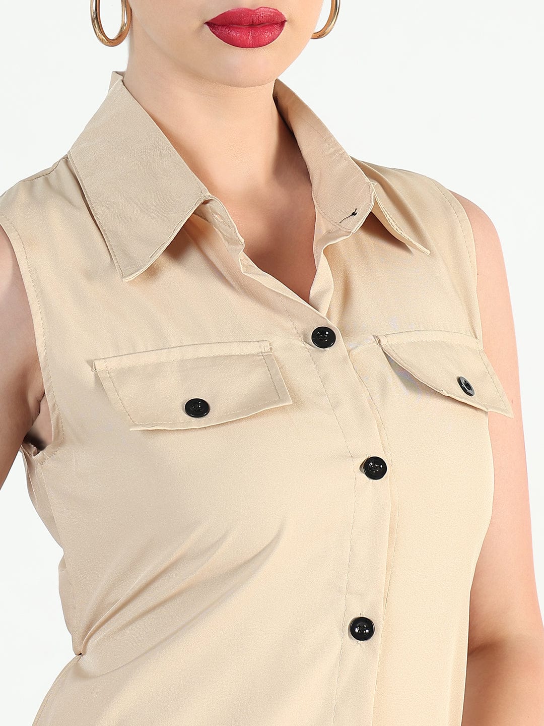 Women's Beige Sleeveless Shirt Style A-Line Dress