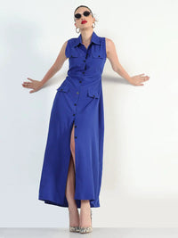 Women's Blue Sleeveless Shirt Style A-Line Dress