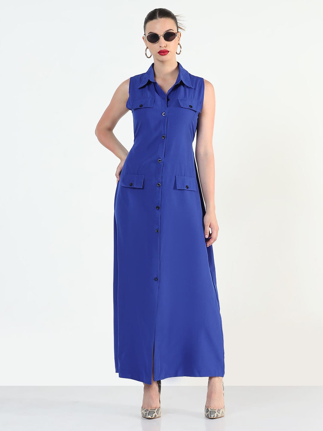 Women's Blue Sleeveless Shirt Style A-Line Dress