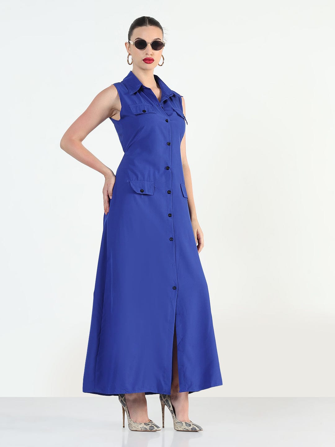 Women's Blue Sleeveless Shirt Style A-Line Dress