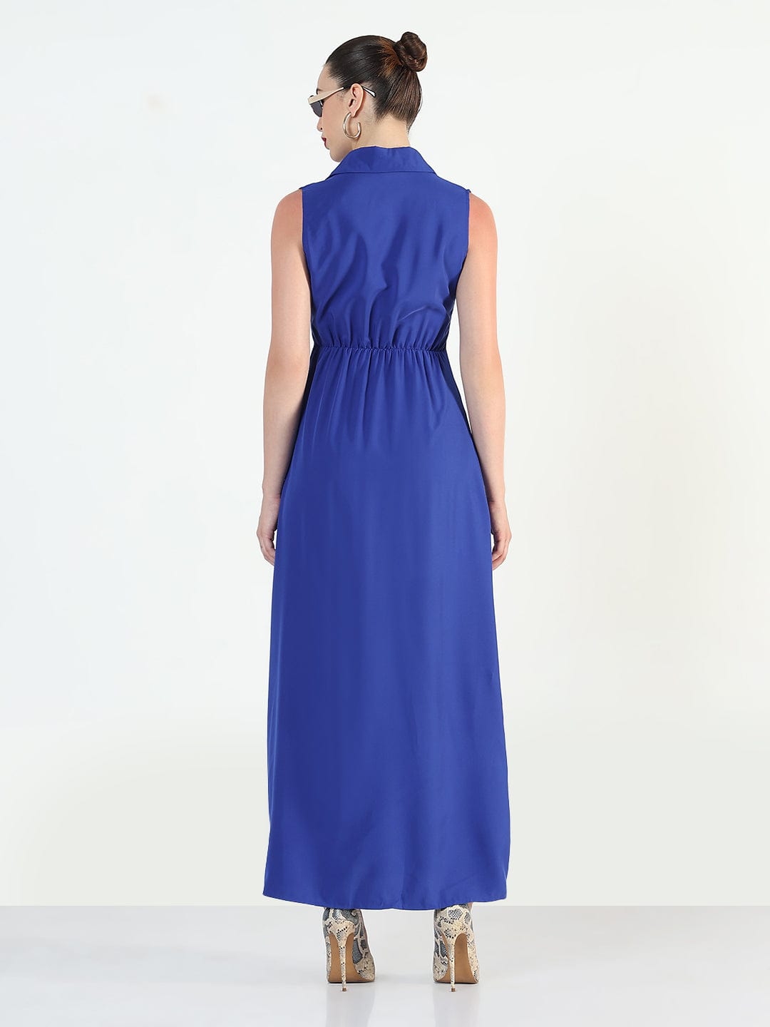 Women's Blue Sleeveless Shirt Style A-Line Dress