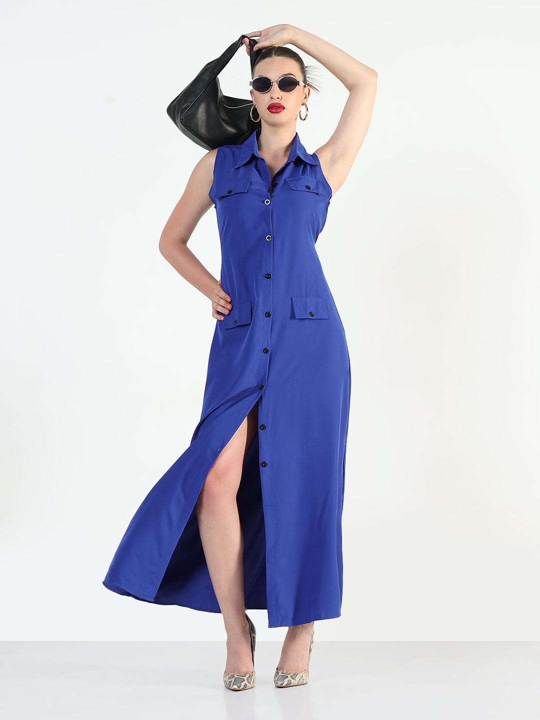 Women's Blue Sleeveless Shirt Style A-Line Dress
